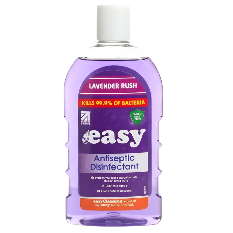 Easy - Lavender Rush Antiseptic Disinfectant (500ml) by Easy features purple liquid and a white cap. It kills 99.9% of bacteria and is ideal as an antiseptic disinfectant and household surface cleaner.