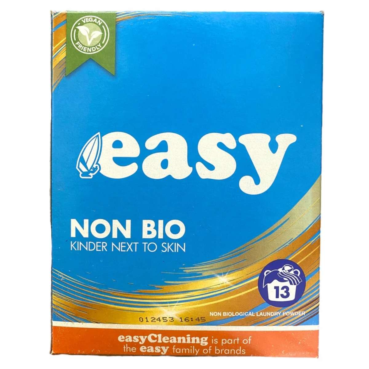 Easy - Non Bio Laundry Powder - 884g is labeled "Kinder Next to Skin," gentle yet tough on stains, vegan-friendly, provides 13 washes, and comes in packaging with gold and blue accents.