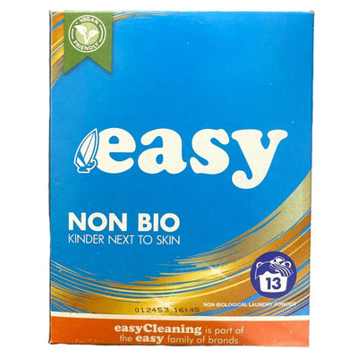 Easy - Non Bio Laundry Powder - 884g is labeled "Kinder Next to Skin," gentle yet tough on stains, vegan-friendly, provides 13 washes, and comes in packaging with gold and blue accents.