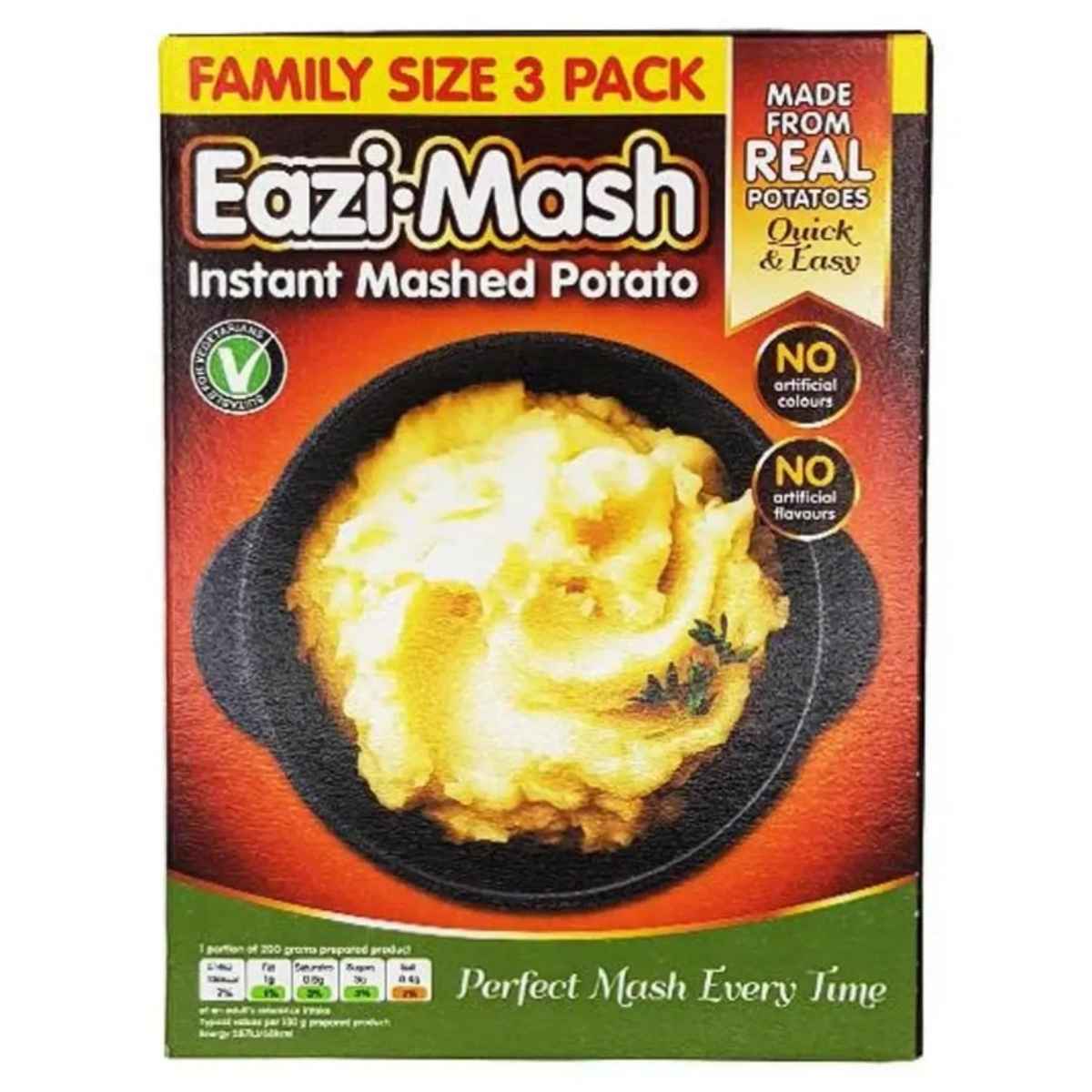 Eazi Mash - Instant Mash Potato, sold as a family size pack of three 100g boxes, features "Made from Real Potatoes" and "No Artificial Flavours or Colours" labels.