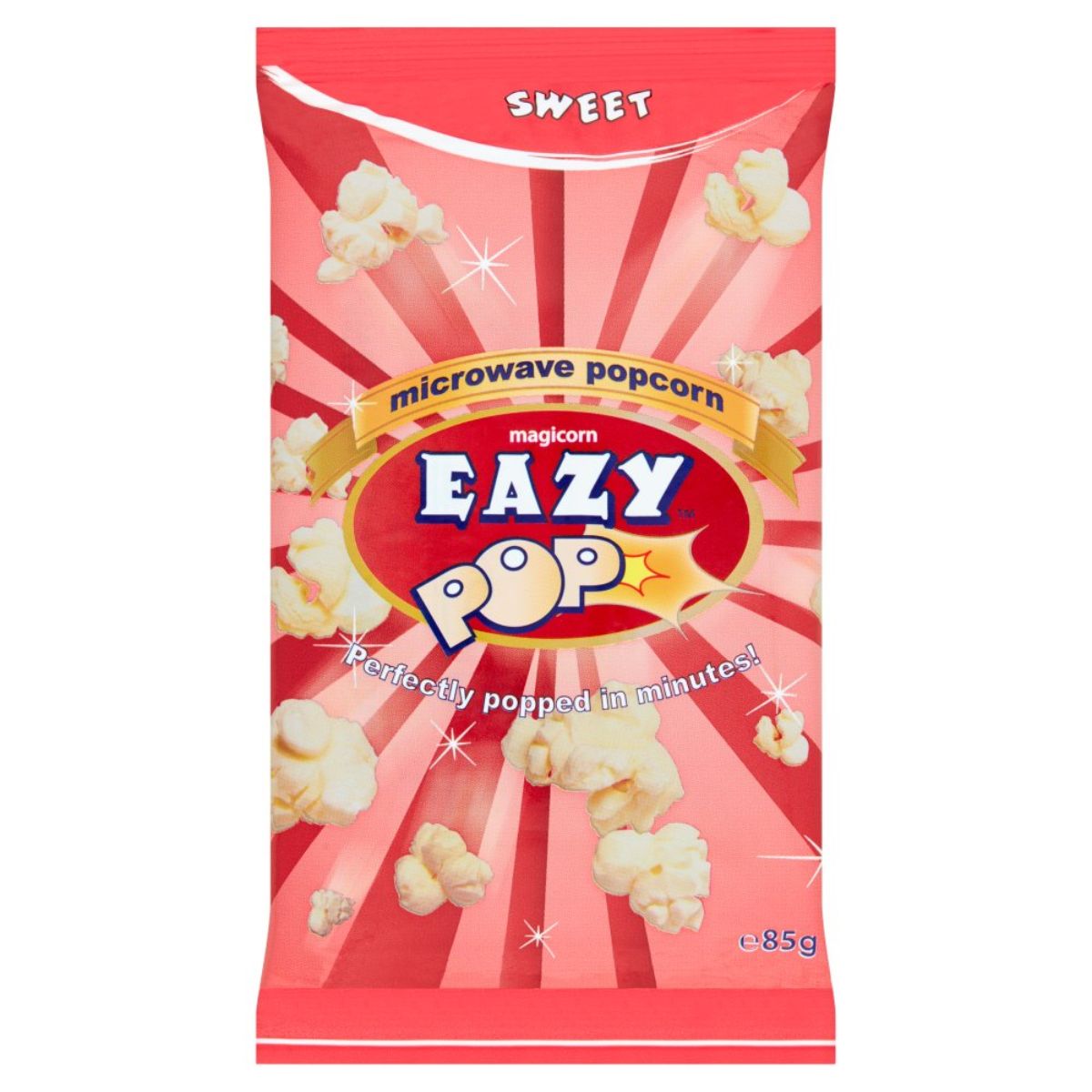 A bag of Eazy Pop - Magicorn Sweet Microwave Popcorn - 85g on a white background.
