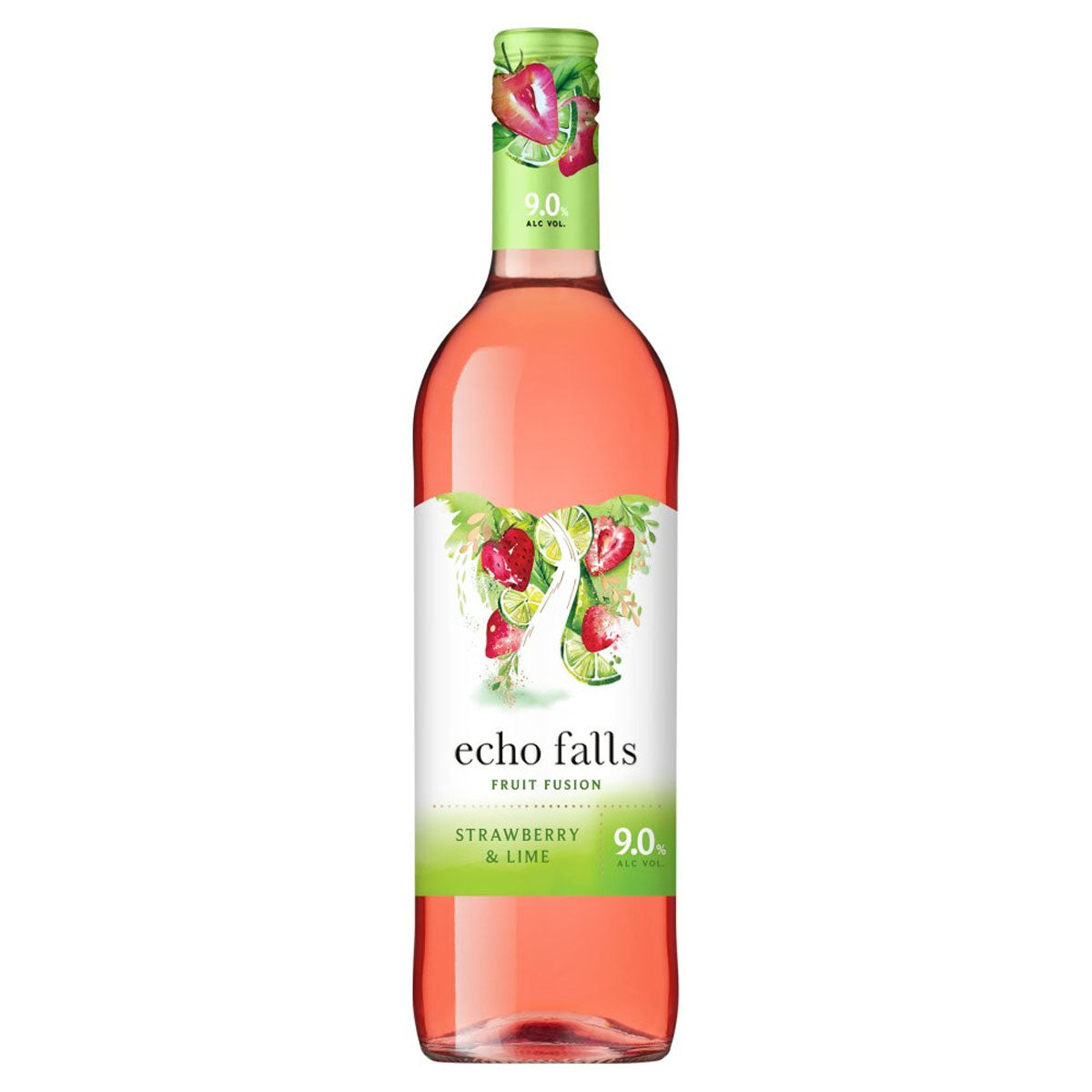 A bottle of Echo Falls - Strawberry & Lime Fruit Fusion (9.0% ABV) - 750ml wine with a label on it.