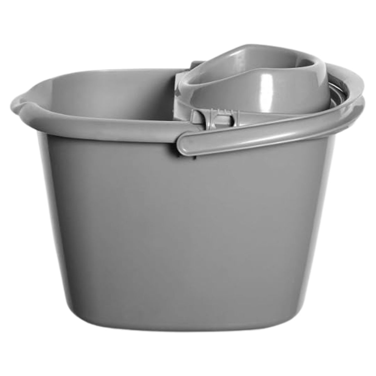Ecomax 14-liter gray plastic bucket with built-in wringer and carrying handle, isolated on a white background. Brand: Ecomax.