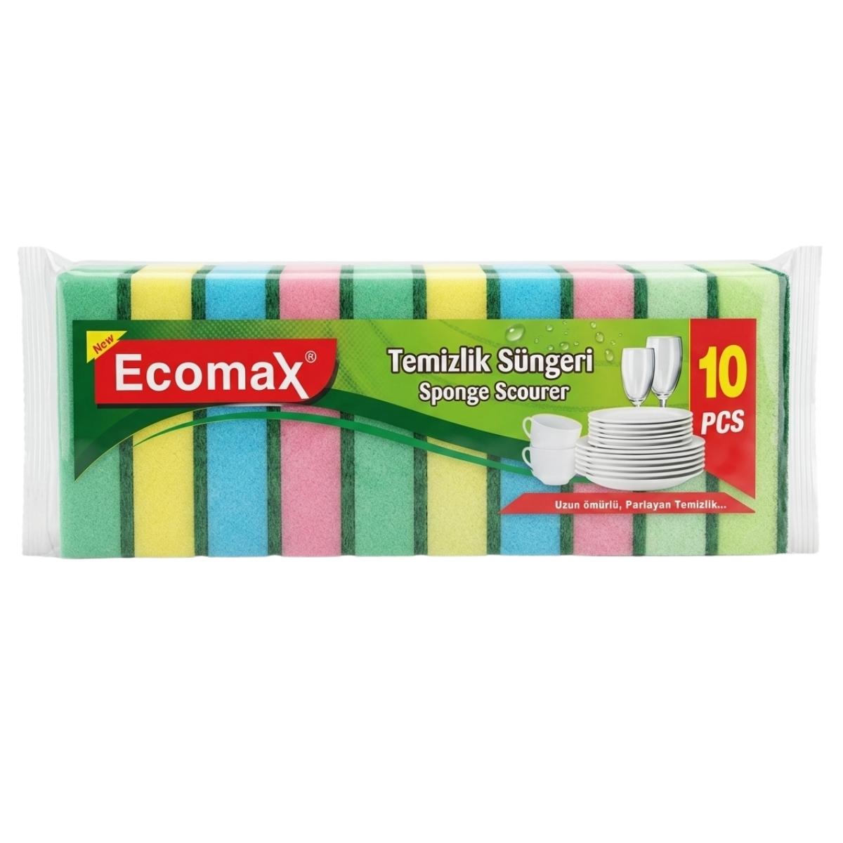 Ecomax Sponge Scourer 10Pcs pack features assorted colors and packaging with dish images and product details in Turkish and English.