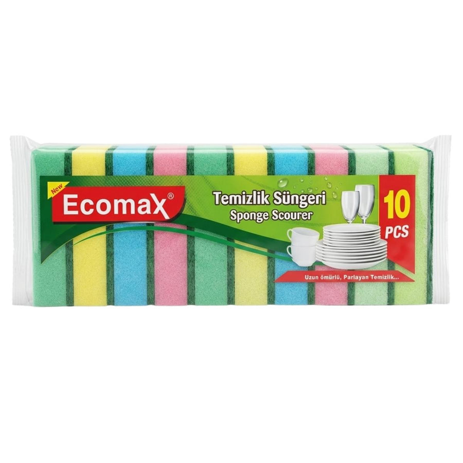 Ecomax Sponge Scourer 10Pcs pack features assorted colors and packaging with dish images and product details in Turkish and English.