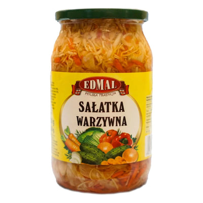 Jar of Edmal vegetable salad on a white background.