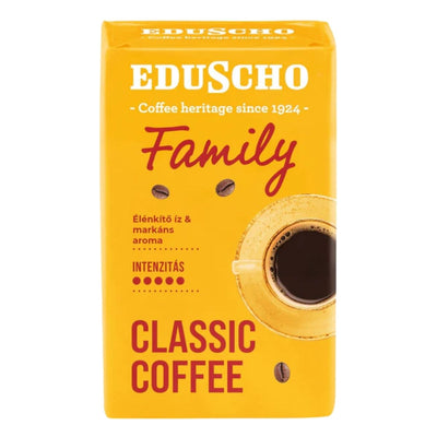 A yellow 250g pack of Eduscho Family Classic Coffee, featuring a coffee cup, beans, and text celebrating Eduscho’s premium coffee heritage since 1924.