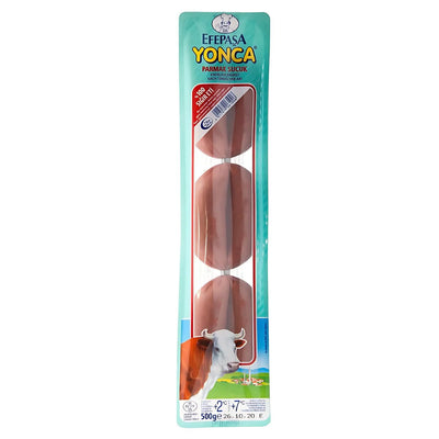Efepasa Yonca Finger Sucuk (Halal) 500g is a vacuum-sealed Turkish sausage with three links, featuring a cow illustration and product details on the label—a tasty Mediterranean delicacy.
