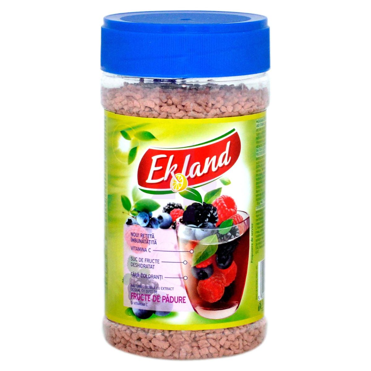 A jar of Ekoland Instant Forest Fruit Flavour Tea, adorned with images of berries and a glass of juice, is topped with a blue lid. This invigorating blend promises a refreshing taste in every sip.