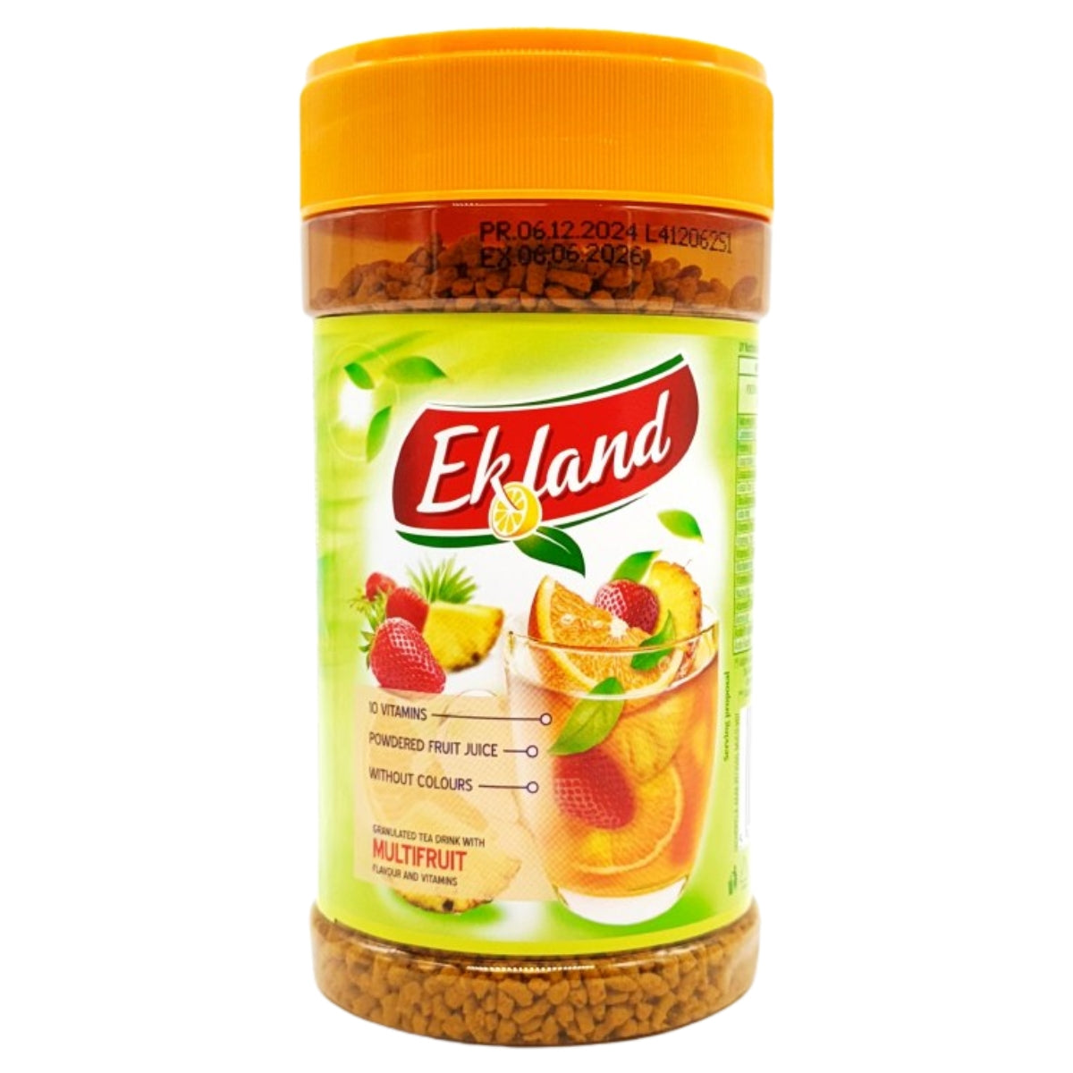 A 350g plastic jar of Ekoland Instant Multifruit Flavour Tea powdered drink mix, featuring mixed fruits and a glass of juice on the label—ideal for preparing a refreshing beverage.