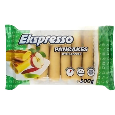 A 500g pack of Ekspresso Pancakes with Apples comes in green and white packaging showing fluffy pancakes and apple slices—ideal for fans of tasty apple pancakes.