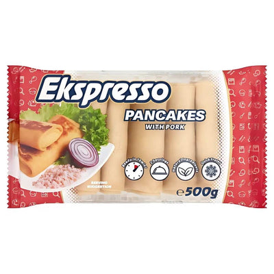 The Ekspresso - Pancakes with Pork - 500g packaging displays fluffy pancakes with onion, parsley, and pork pictures. It includes icons for preparation and storage instructions. Elevate your breakfast with this tasty blend.