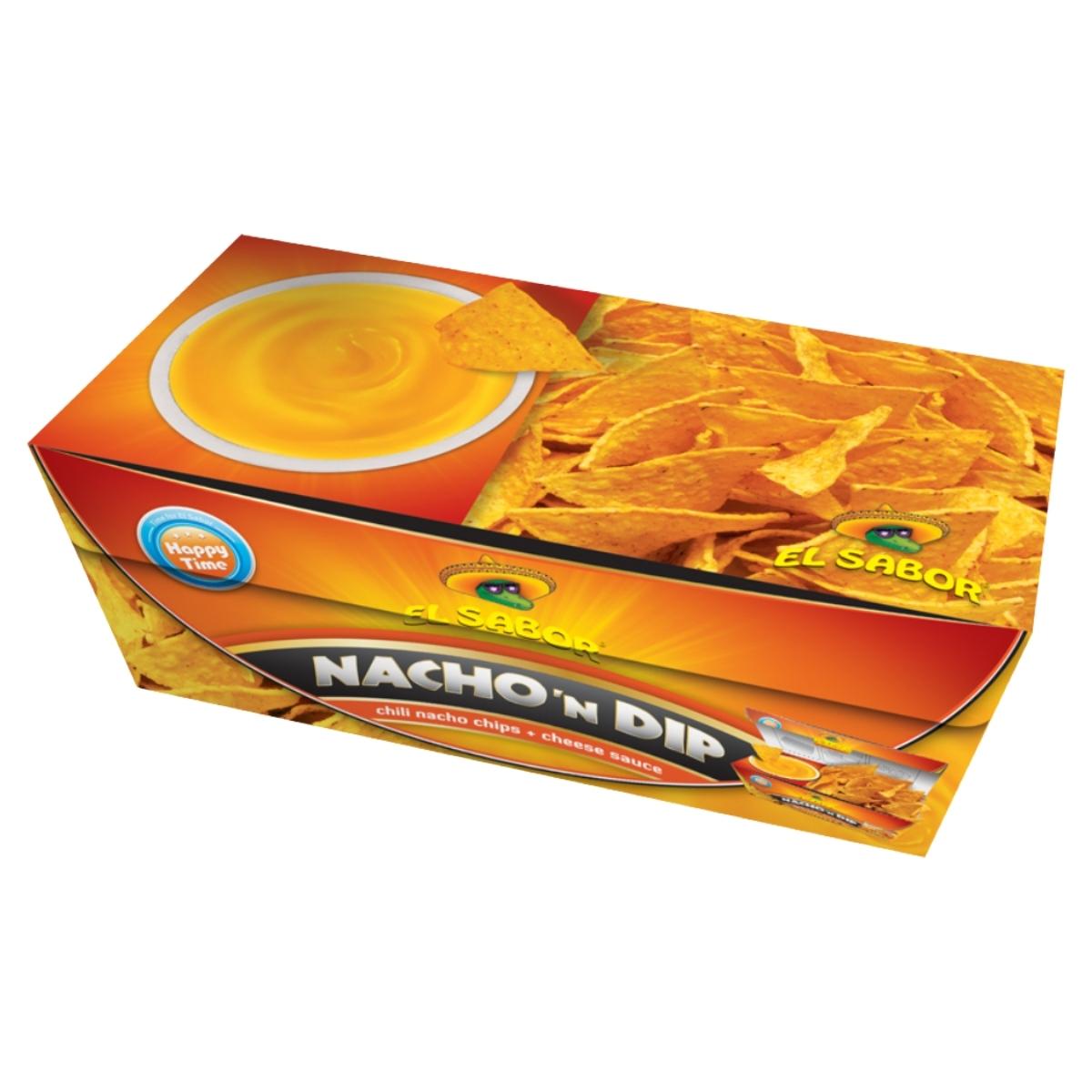 Box of 'Nacho 'n Dip' with chips and dip on a white background