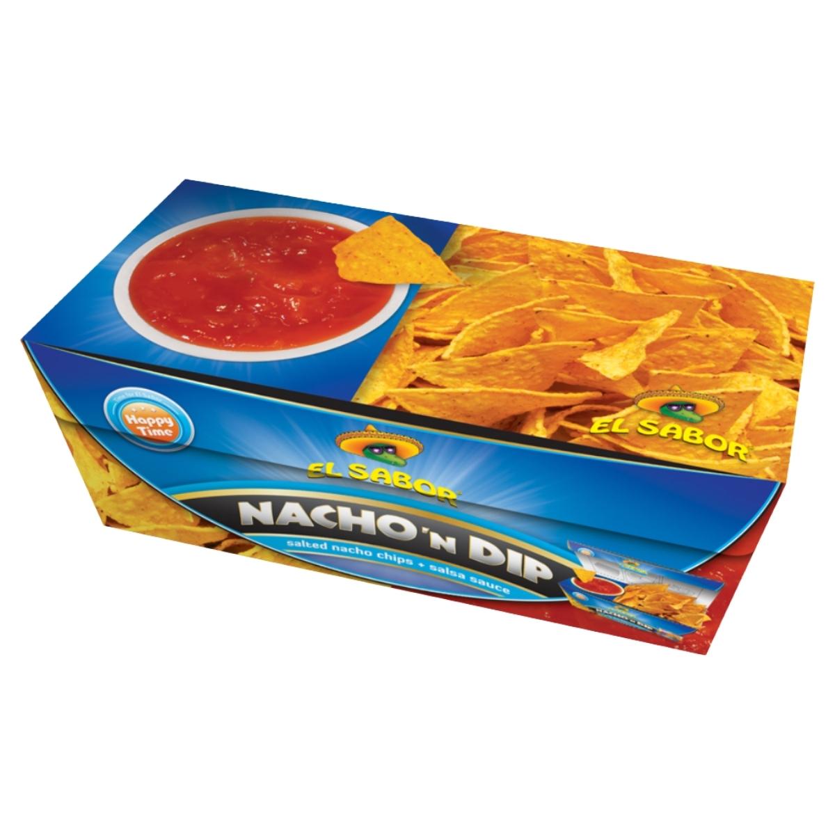 Box of El Sabor 175g Nacho 'N Dip with salsa and tortilla chips on a white background