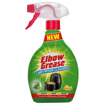 A 500ml spray bottle of Elbow Grease Air Fryer Cleaner features a red nozzle, green label with icons for spray, wipe, and rinse steps, and indicates a lemon fresh scent.