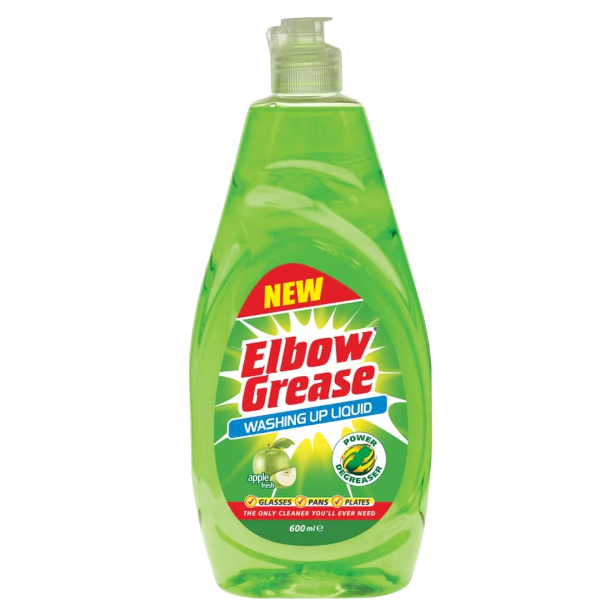 Elbow Grease - Apple Fresh Washing Up Liquid, 600ml, features a green apple-scented liquid designed to remove grease and is suitable for cleaning glasses, pans, and plates.