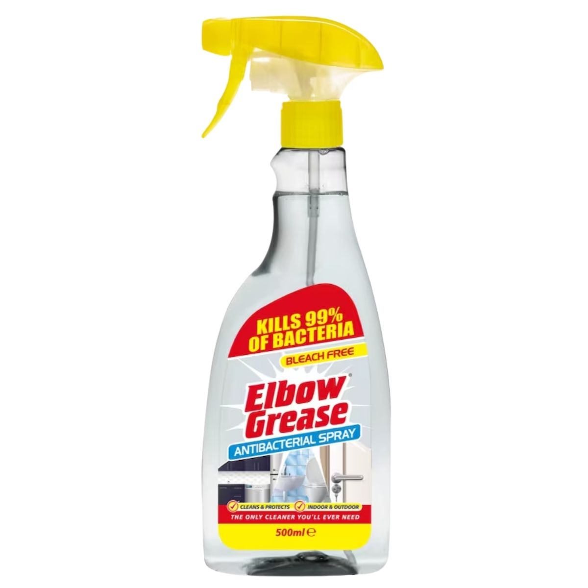 Elbow Grease antibacterial spray bottle with yellow nozzle on a white background