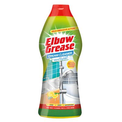 Elbow Grease - Cream Cleaner With Micro Crystals Lemon Fresh 540g, with a red cap and green label, removes tough stains from kitchen surfaces, hobs, sinks, and bathrooms.