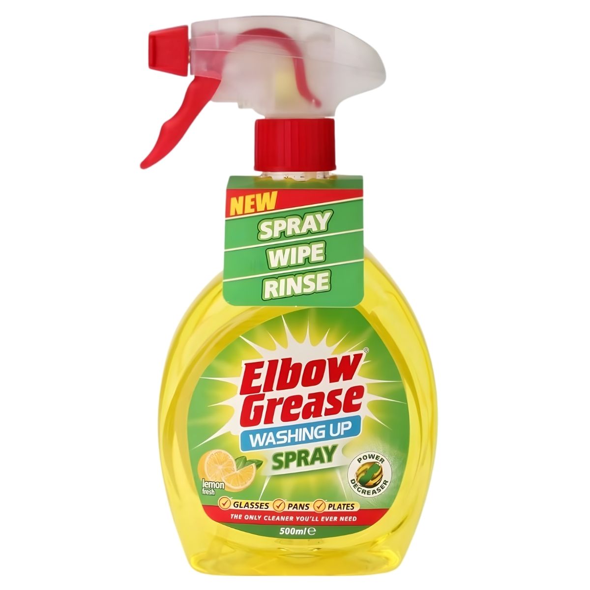 Elbow Grease - Lemon Washing Up Spray - 500ml is a powerful dishwashing spray with a red nozzle and lemon scent, designed to remove grease and grime from glasses, pans, and plates.