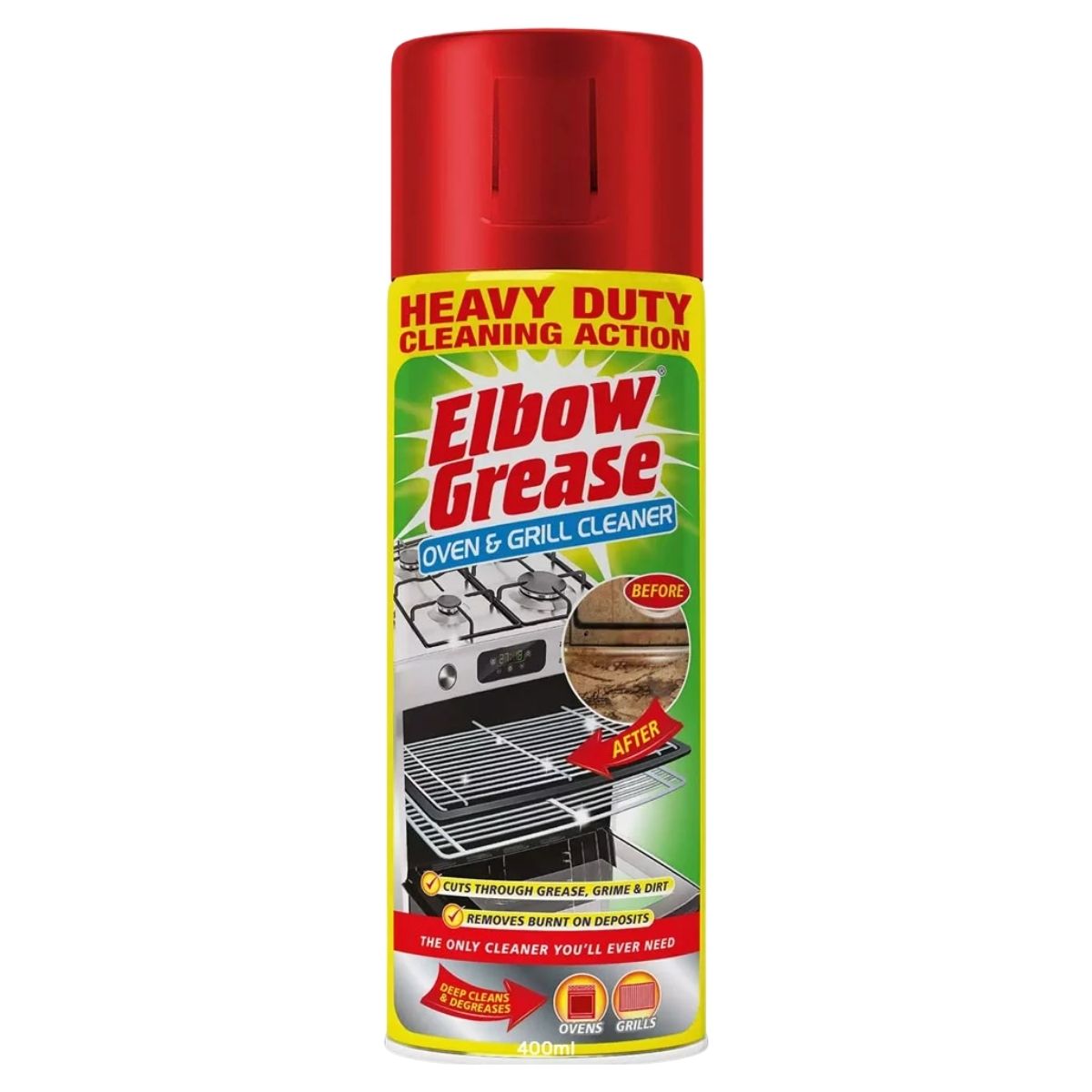 A 400ml can of Elbow Grease Oven & Grill Cleaner by Elbow Grease, with a red cap, shows before-and-after cleaning images and product details on the label.