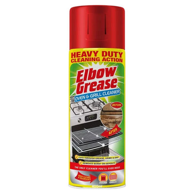 A 400ml can of Elbow Grease Oven & Grill Cleaner by Elbow Grease, with a red cap, shows before-and-after cleaning images and product details on the label.