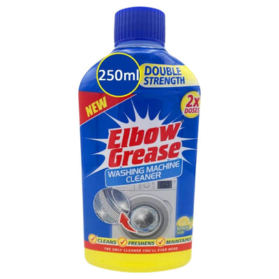 Elbow Grease Washing Machine Cleaner 250ml removes limescale, eliminates odours, and maintains your machine. Features a blue cap with yellow accents and double strength formula for cleaning and freshening.