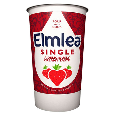 Elmlea - Single Cream - 270ml comes in red and white packaging with strawberries and the phrase "A deliciously creamy taste"—perfect for adding smooth, creamy texture to your favorite desserts.