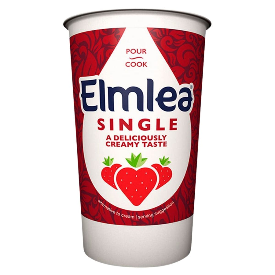 Elmlea - Single Cream - 270ml comes in red and white packaging with strawberries and the phrase "A deliciously creamy taste"—perfect for adding smooth, creamy texture to your favorite desserts.
