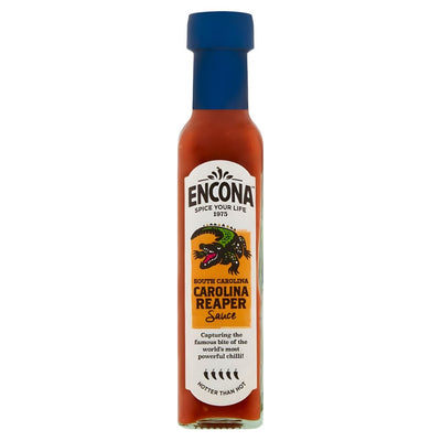 A 142ml bottle of Encona Carolina Reaper Sauce, featuring a blue cap and a label with chili pepper and dragon artwork—ideal for lovers of extra hot sauces.