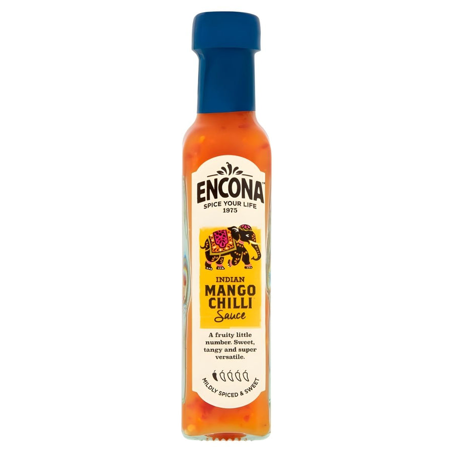 A 142ml bottle of Encona Indian Mango Chilli Sauce with a blue cap and illustrated label. This fruity, sweet, and tangy sauce from Encona is versatile and perfect for adding exotic flavour to dishes.