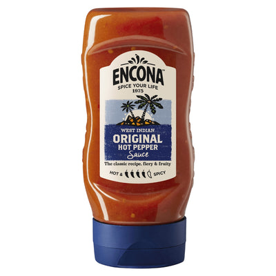 A squeeze bottle of Encona West Indian Original Hot Pepper Sauce with a blue cap, shown on a plain white background.