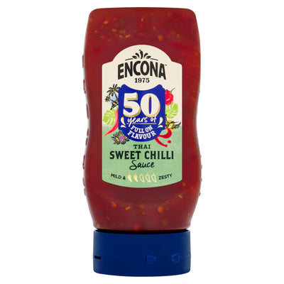 Encona Thai Sweet Chilli Sauce 285ml in a bottle with a blue flip-top cap and a label commemorating 50 years, made with garlic and chilli mash.