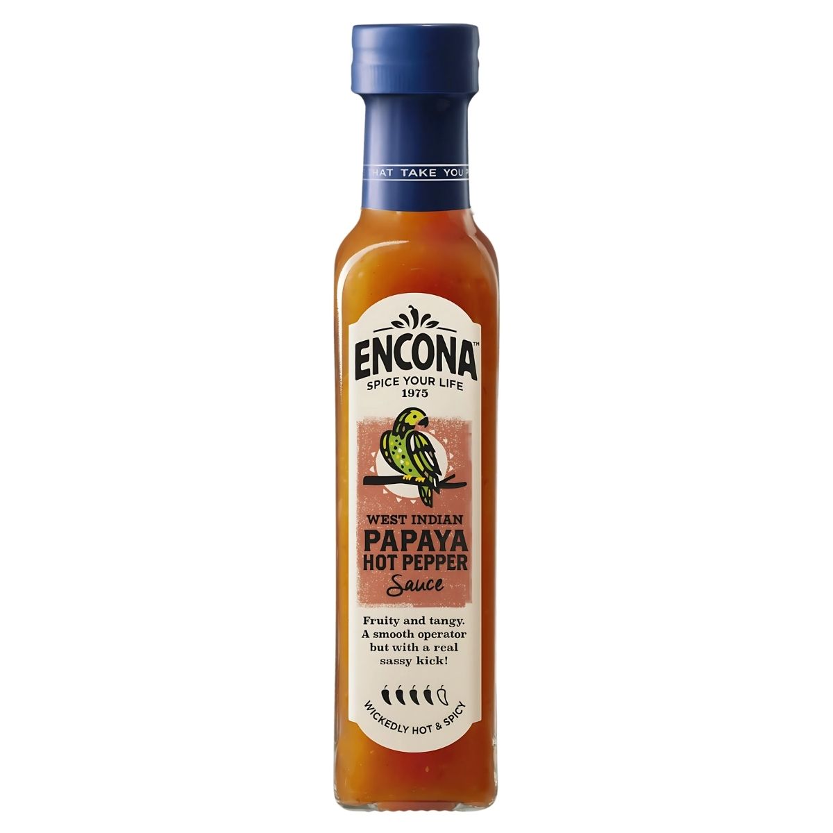 A bottle of Encona West Indian Papaya Hot Pepper Sauce, featuring a blue cap and a label with a tropical design that embodies the vibrant essence of its spicy sauce.