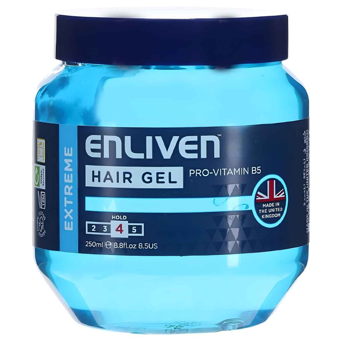 Enliven Extreme Hair Gel, 250ml, offers professional-strength hold (level 5) for lasting style—ideal for those seeking maximum control.