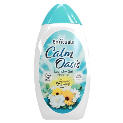 A 970ml bottle of Enrituals Calm Oasis Non Bio Laundry Gel, with a teal cap and floral label, provides 27 washes. This eco-friendly gel is gentle on clothes and ideal for sensitive skin.