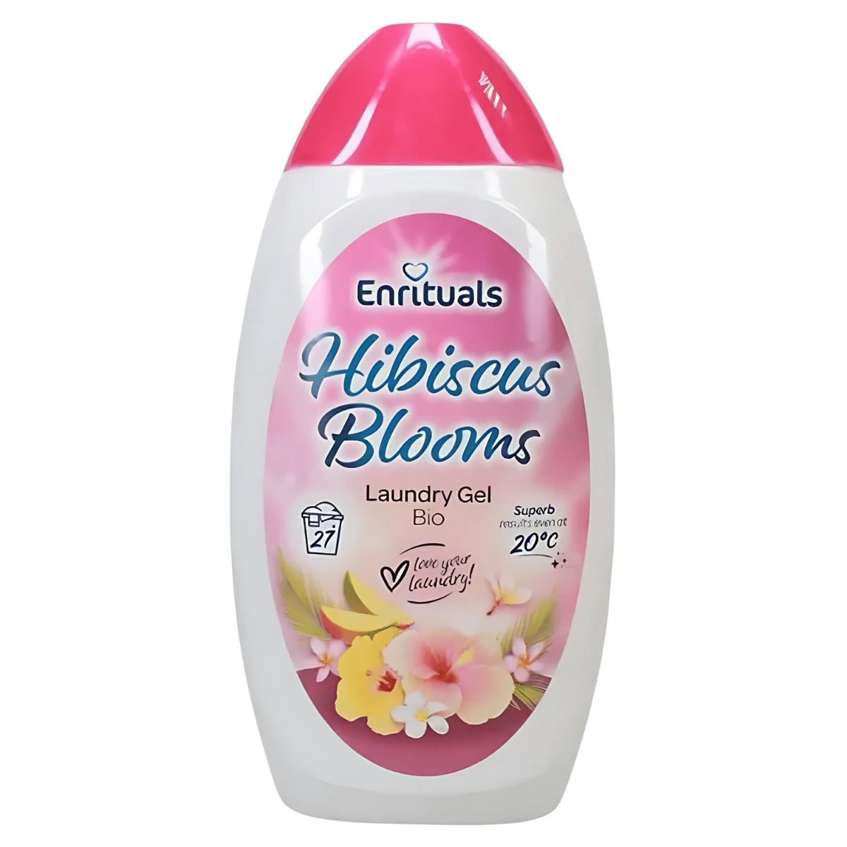 Enrituals - Hibiscus Blooms Bio Laundry Gel (970ml) comes in a white and pink bottle with floral graphics, offering 27 washes. It effectively cleans clothes at 20°C while adding a gentle touch of hibiscus freshness.