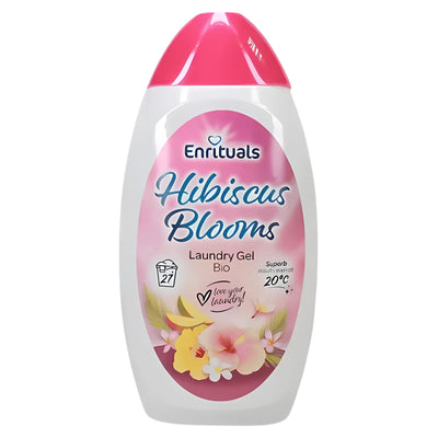 Enrituals - Hibiscus Blooms Bio Laundry Gel (970ml) delivers 27 washes and works optimally at 20°C. With its floral fragrance, it’s a natural laundry detergent choice in a bottle with a pink cap and attractive floral label.