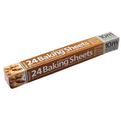 The Essential 24 Baking Sheets (10m Length, 37cm x 42cm) by Essential come in a box featuring cookie images—ideal for commercial kitchens seeking professional-grade results.