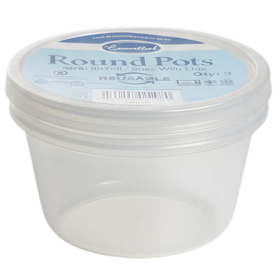 The Essential 3 Round Pots Storage Container Boxes with Lids (708ml) come in blue and white packaging—ideal for reusable food storage or meal prep.