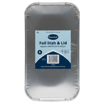 The Essential 5 Foil Dish & Lid set (approx. 600ml each) by Essential features handy rectangular trays with lids—ideal for convenient food storage or meal prep.