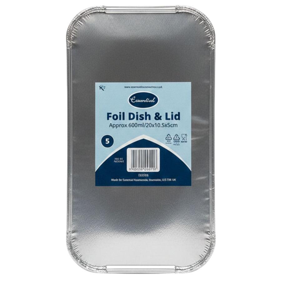 The Essential 5 Foil Dish & Lid set (approx. 600ml each) by Essential features handy rectangular trays with lids—ideal for convenient food storage or meal prep.