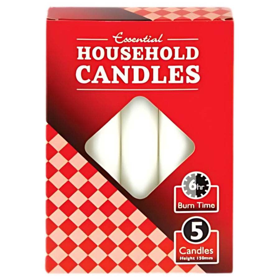 The Essential - 5 Household Candles - 150mm by Essential includes five white candles, each 150mm tall with a 6-hour burn time, ideal for adding ambient lighting to any room.