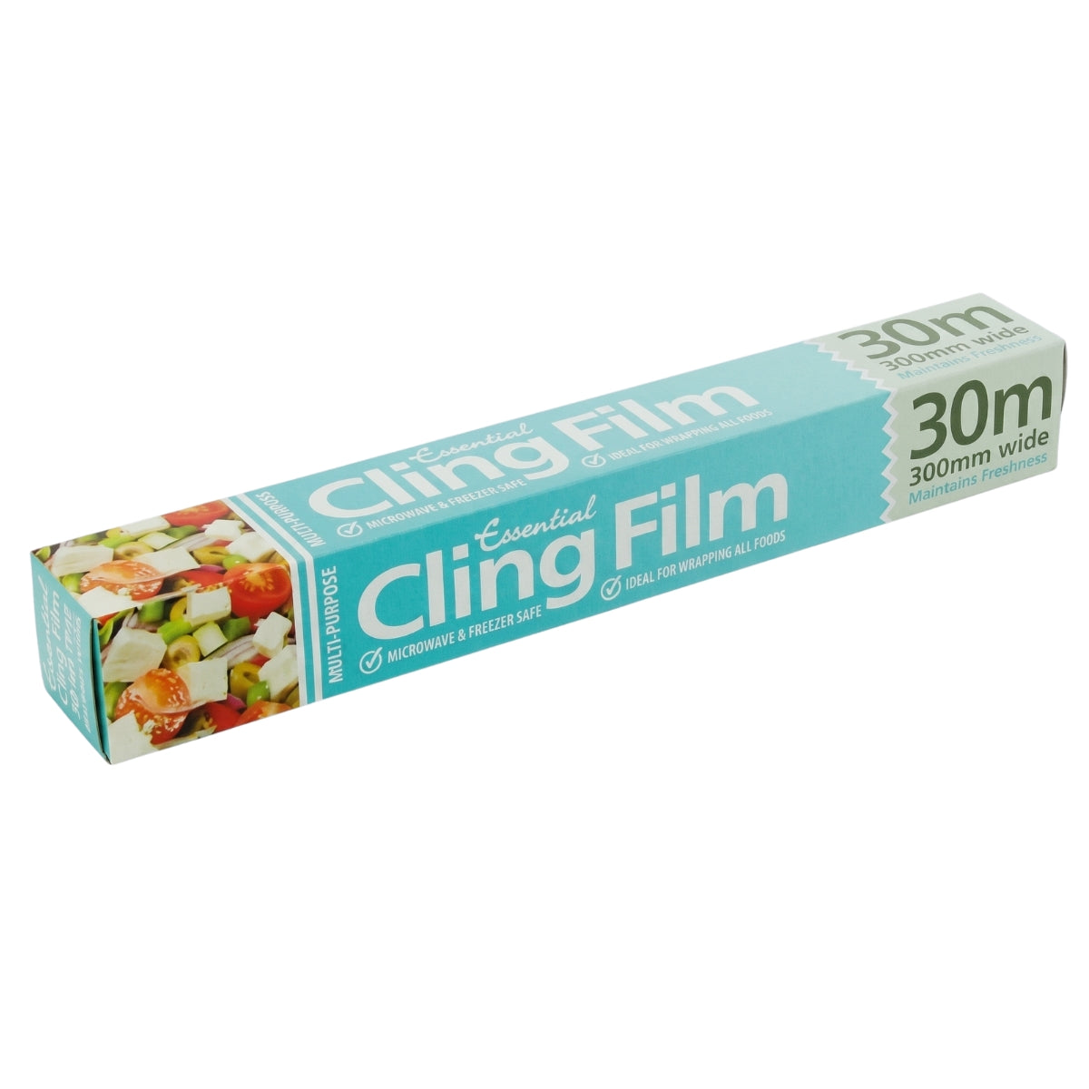 Essential - Multipurpose Cling Film - 300mm x 30m by Essential comes in distinctive teal packaging and is both microwave and freezer safe, making it perfect for wrapping a variety of foods and providing convenient food storage.