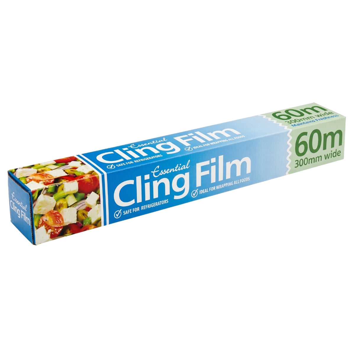 A box of Essential Cling Film, 300mm x 60m, by Essential, featuring images of food on the packaging and labeling that indicates it is safe for use in refrigerators.