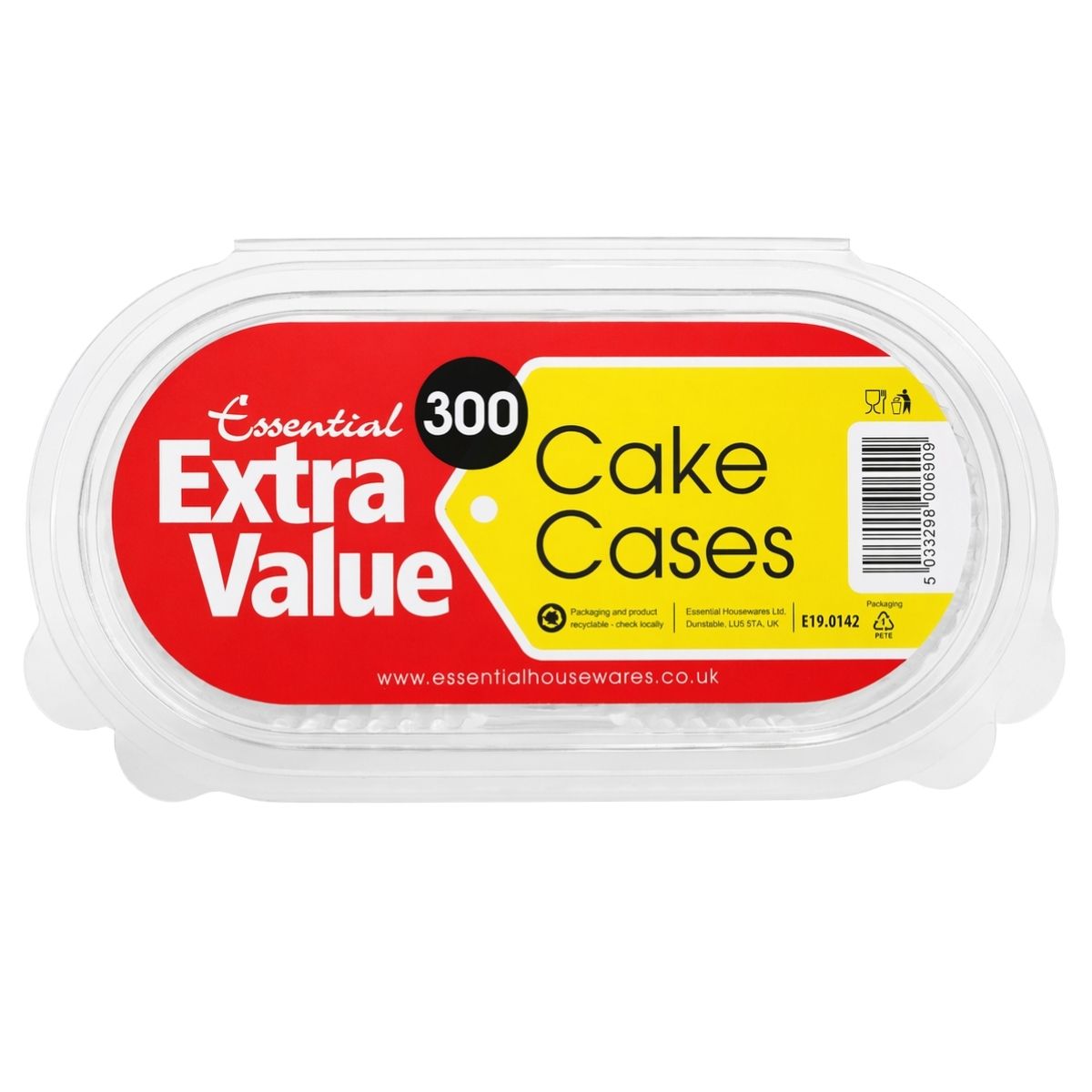 Pack of 300 cake cases with 'Essential Extra Value' branding on a white background