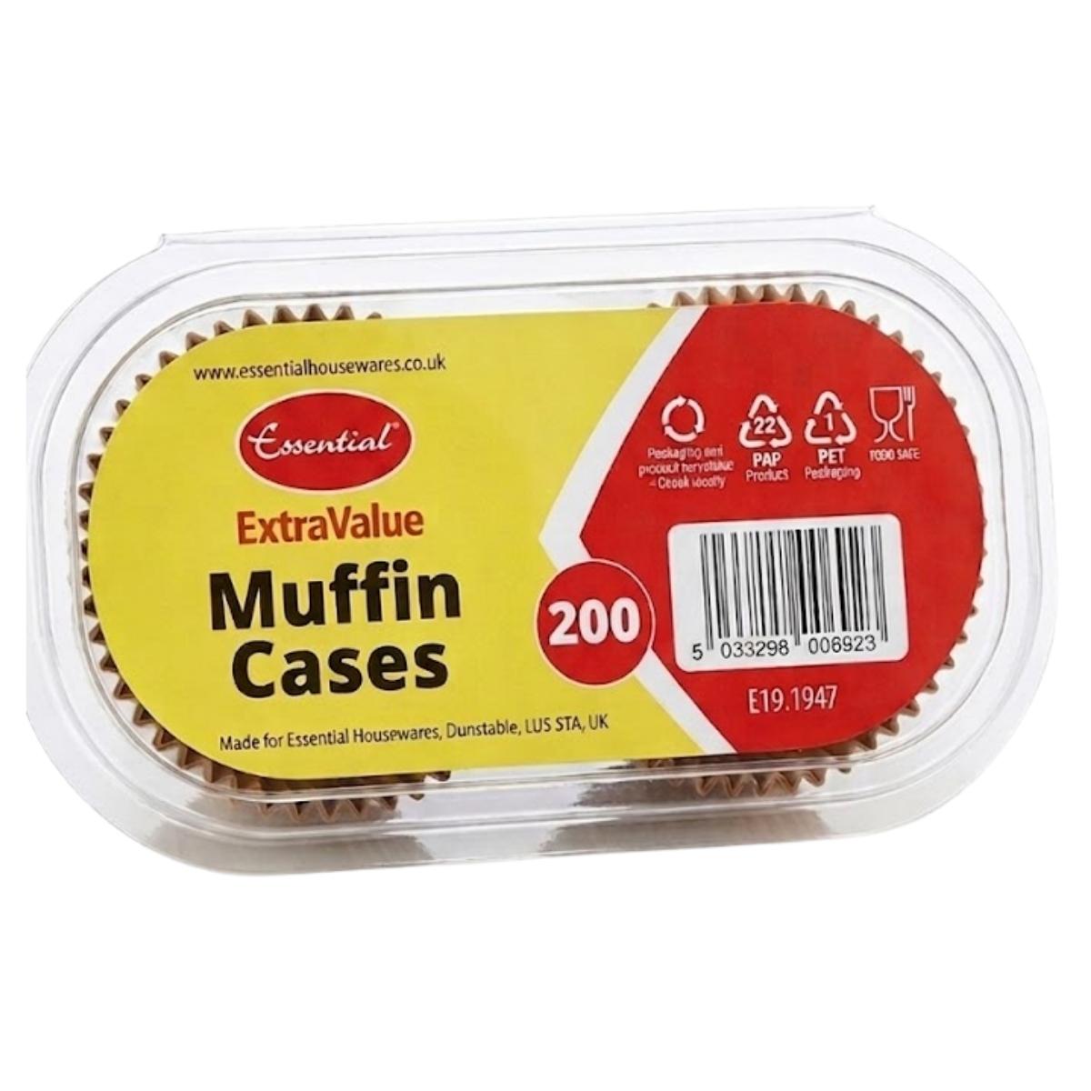 Essential - Extra Value Muffin Cases (200 pcs) by Essential come in a plastic container with a yellow and red label, ideal for batch baking.