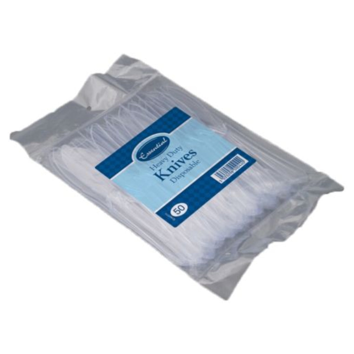 A pack of Essential - Heavy Duty Plastic Knives - 50 Pack, sealed in clear plastic wrapping with a blue label.