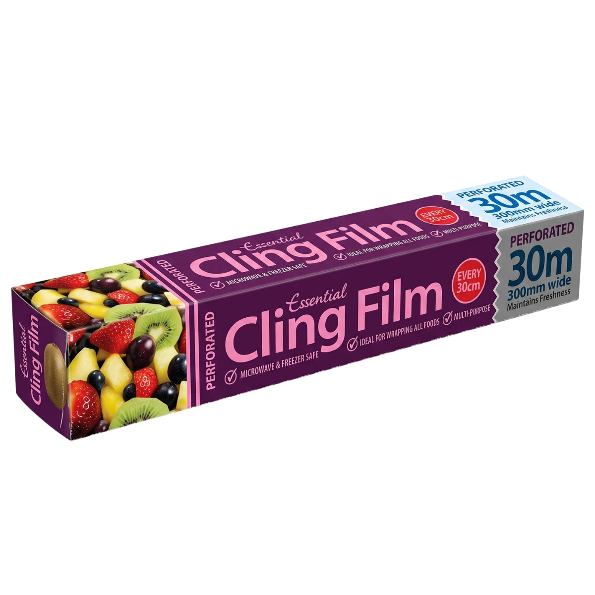 A box of Essential Cling Film 30m perforated cling film, featuring a purple and white design with a colorful fruit illustration on the side.