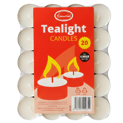 The Essential Tealight Candles - 20 Pcs set offers long-lasting ambiance with white candles in a plastic tray, featuring a red label marked "Tealight CANDLES," "20," and "4 HOUR burn time" by Essential.