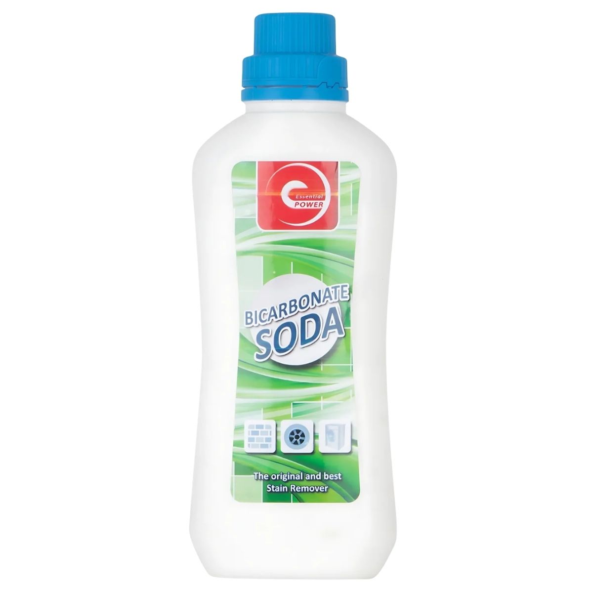 A white plastic bottle with a blue cap labeled "Essential Power - Bicarbonate Soda - 500g" by Essential, marketed as a natural cleaning stain remover, is shown against a plain background.